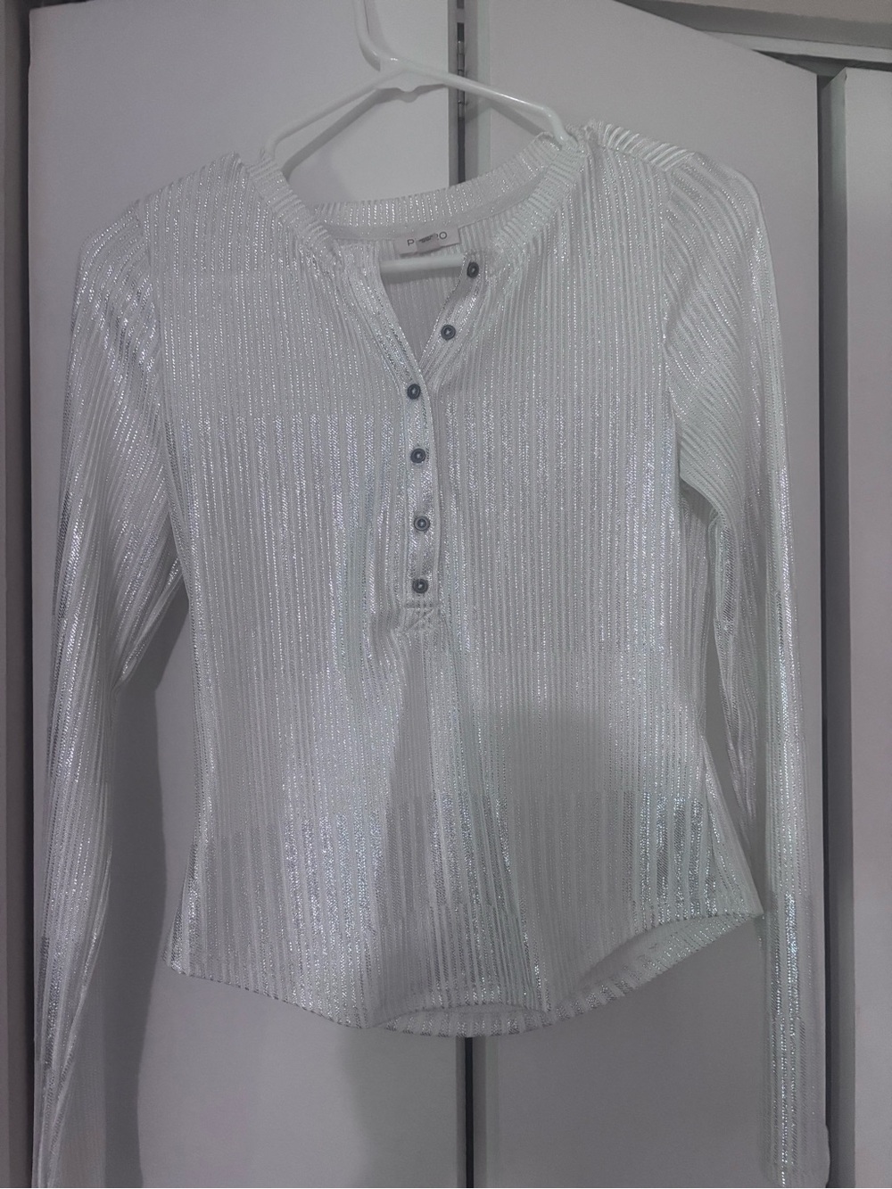 Women’s Shimmery White Long-Sleeve Henley Top